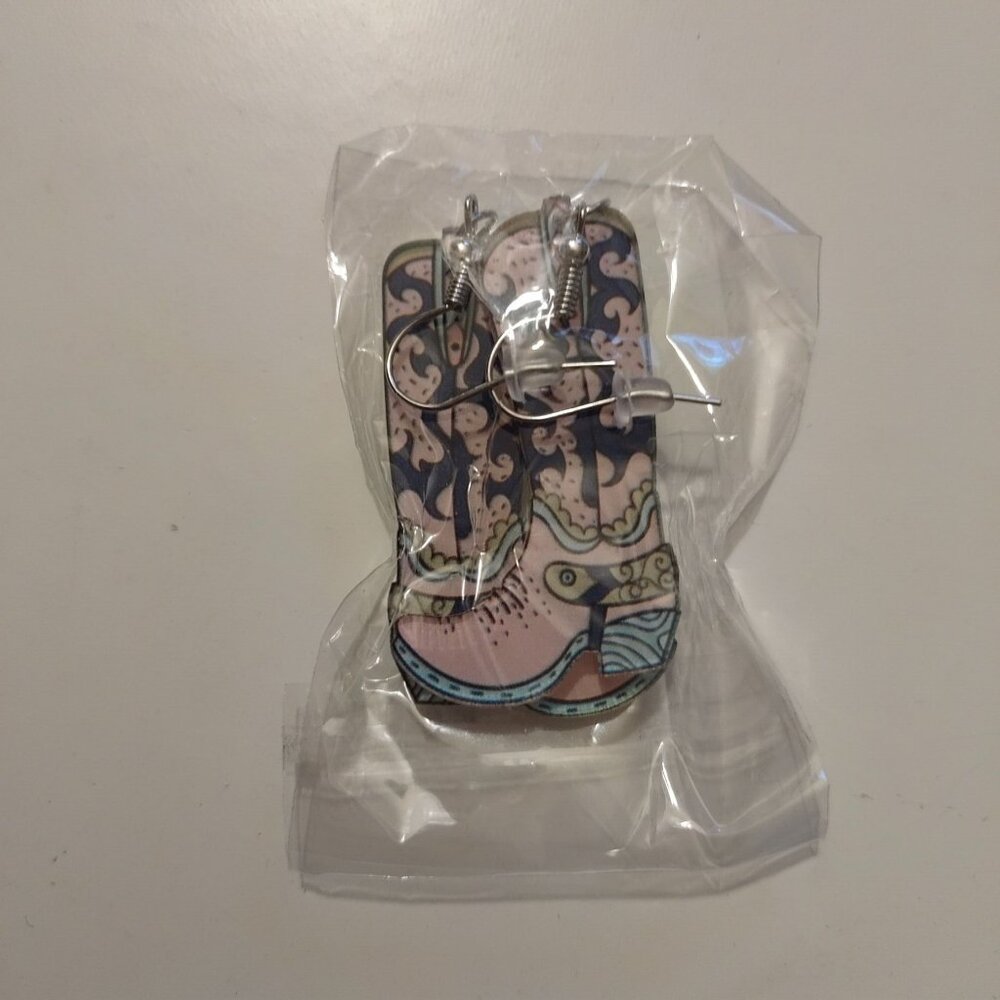 Western Cowgirl Boot Pattern Earrings With Hooks-NEW